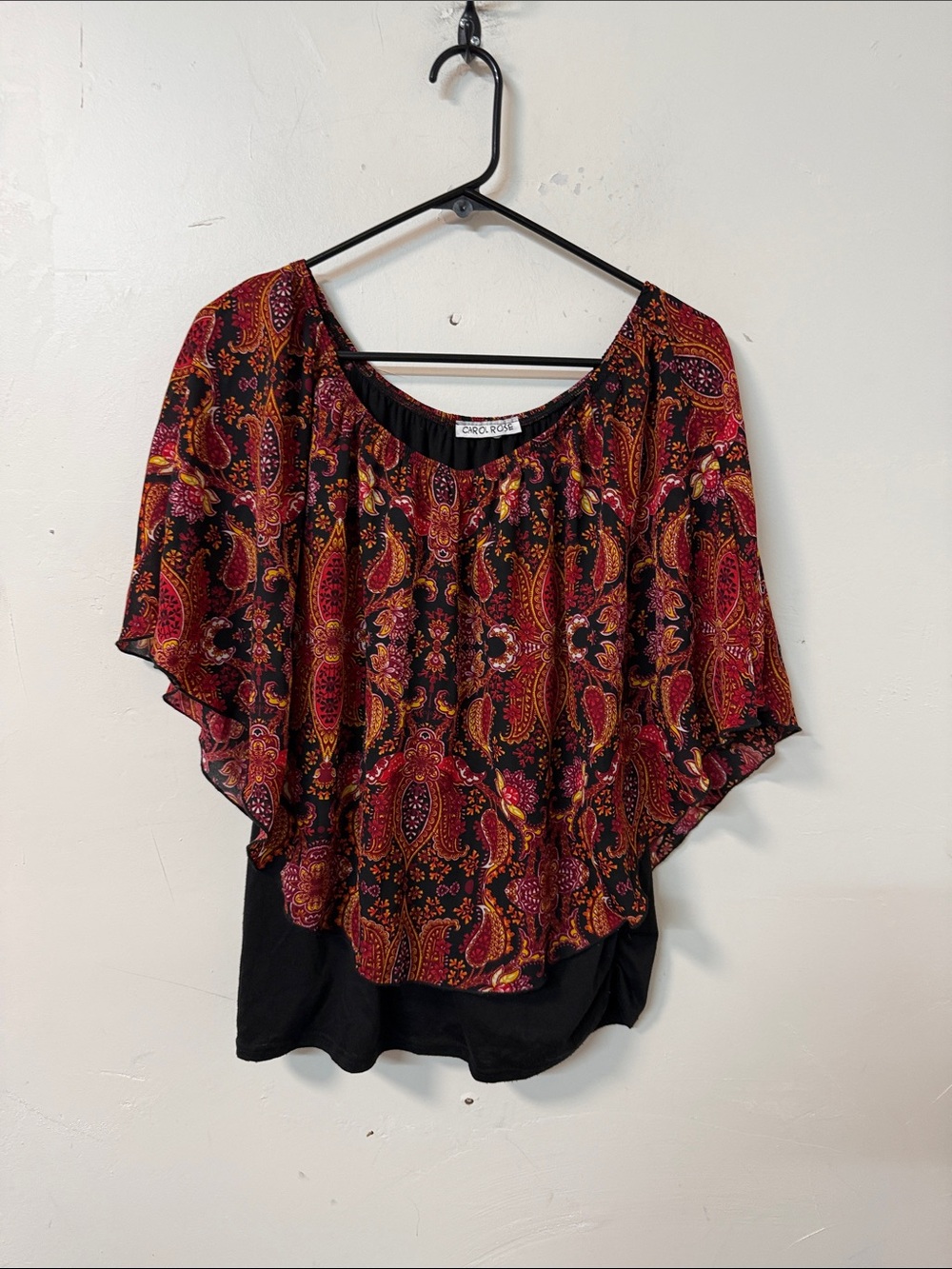 Carol Rose Black Top with Red Paisley Overlay
